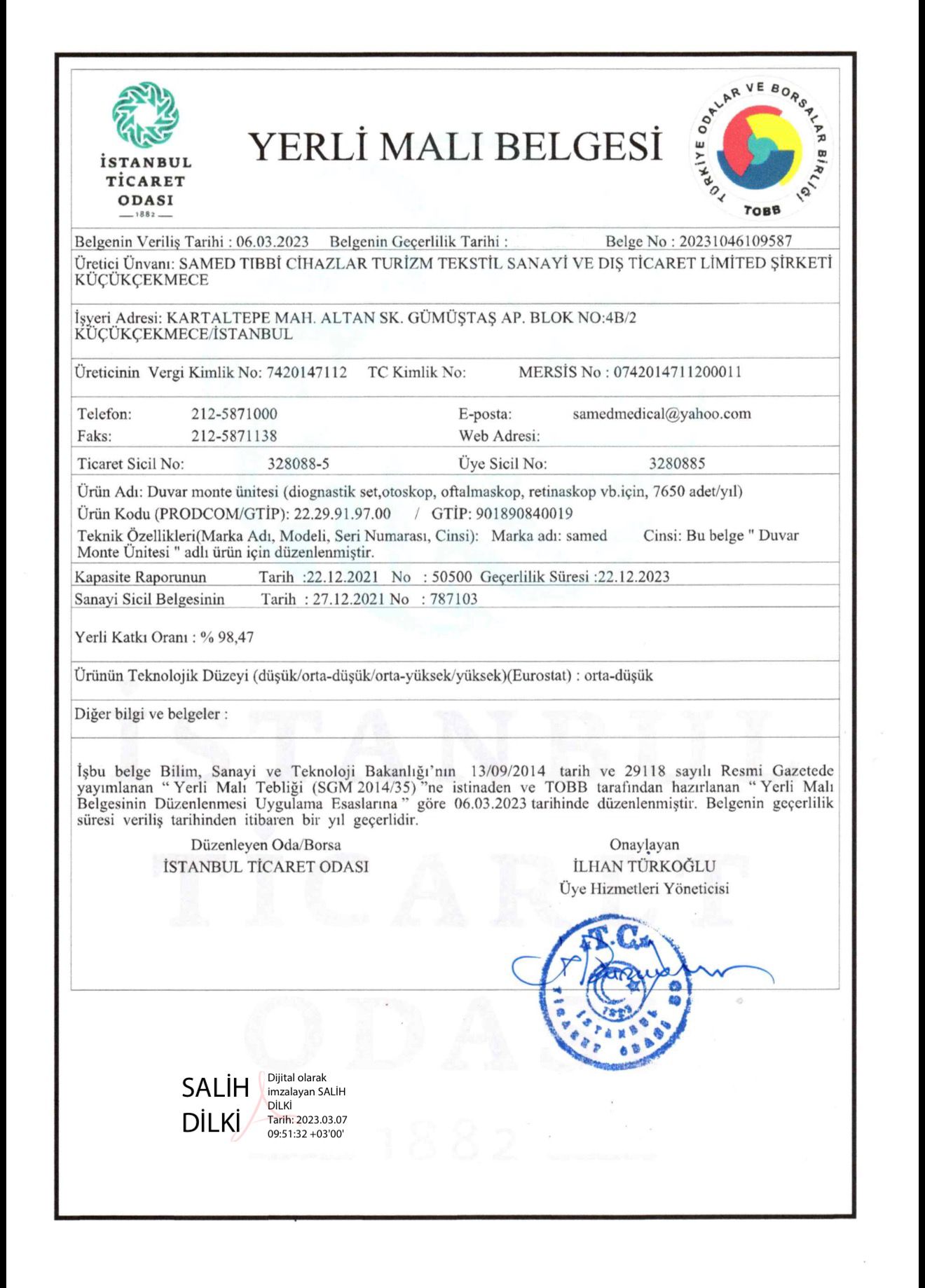 Yerli Malı Belgesi 1